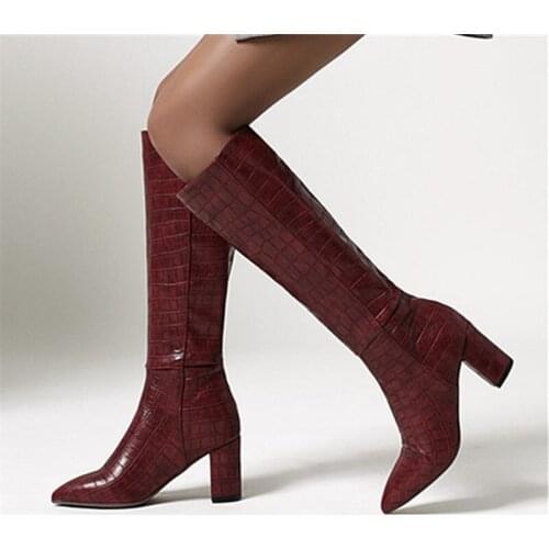 2020 Western Cowboy Knee High Boots Faux Leather Women Boots Fashion Wedges High Heels Long Boots Autumn Winter Zipper Shoes