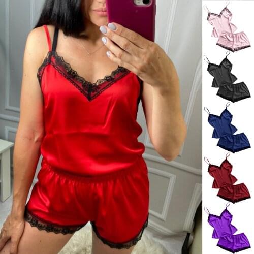 Hot Selling 1Set Adult Women Sleepwear Satin Lace V-neck Eyelash Lace Solid Color Sexy Set Pajamas Lingerie Fast Shipping