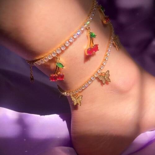 Fashion fruit cherry dangle charm with cz tennis chain anklet bracelet jewelry with colorful cz paved bulk women leg jewelry
