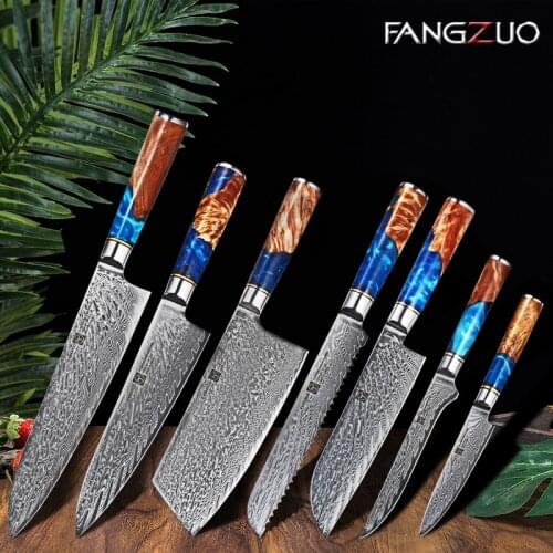 FANGZUO Damascus Knives sets Chef Knife Japanese Kitchen Knife Damascus VG10 67 Layer Steel Knives Blue Resin Wooden Handle