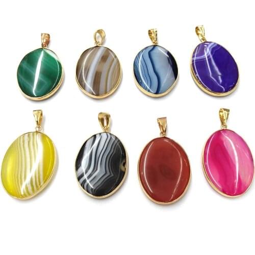 30x45mm Natural Agate Original Stone Colorful Pattern Necklace Pendant 8 Colors Oval Gold Border Crystal Pendant DIY Accessories