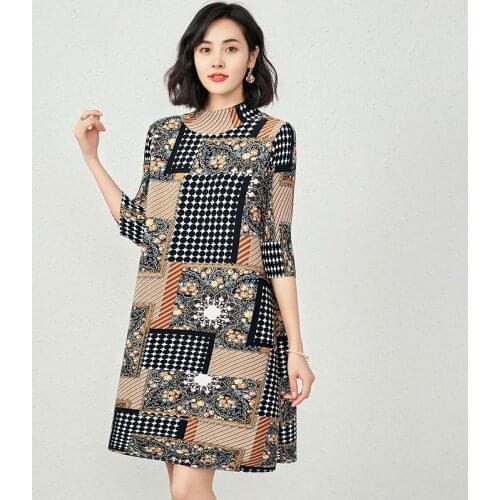 2021 autumn vintage print mother dress miyake pleated three-quarter sleeves loose thin half-high collar knee-length dress