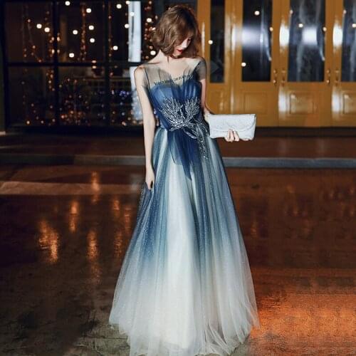 Luxury blue gradient evening dress female 2021 banquet elegant temperament long fairy company annual meeting prom dress A102
