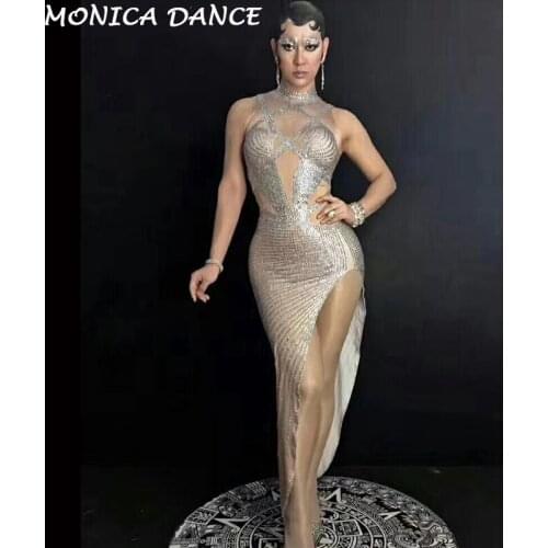 Sexy Stage Bright Crystals Women Dress Sexy Diamond Birthday Celebrate Party Dress Prom Costume Sparkly Silver Long Dresses