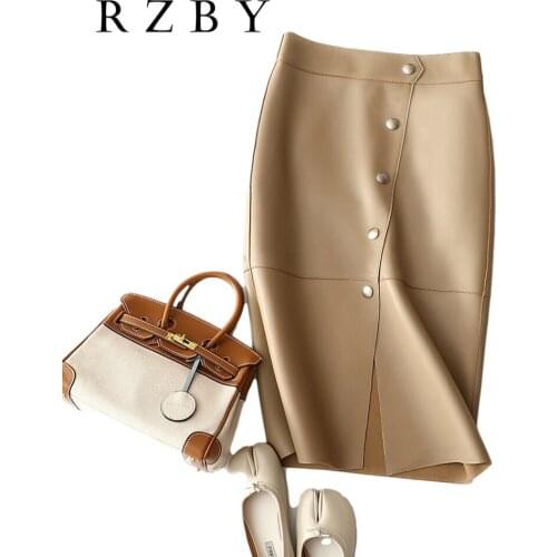 Midi A-line Skirt Women Natural Real Sheepskin Fashion High Waist Office Lady Bodycon Skirts Genuine Leather Falda RZBY290