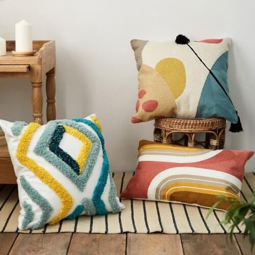 Green Blue Yellow Embroidery Cushion Cover Handmade Tassels Geometric Home Decor Pillow Cover 45x45cm/30x50cm Pillow Sham