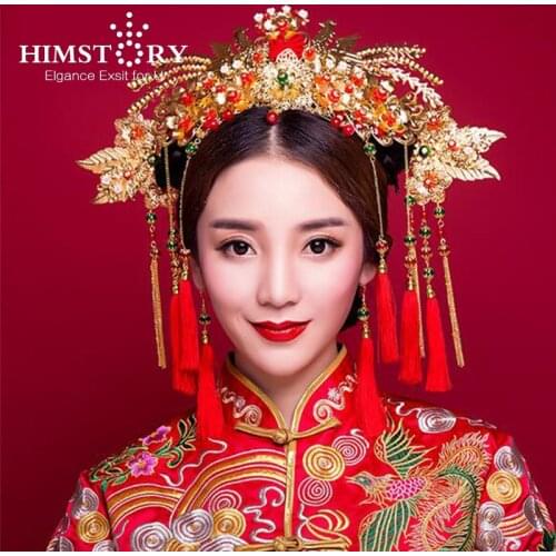 HIMSTORY Chinese Traditional Bridal Headdress Tassels Hairpin Women Girl Red Beads Flowers Fashion Headband Wedding Jewelry