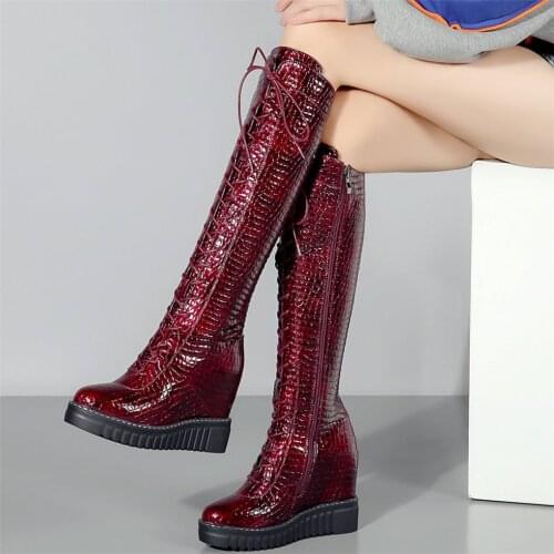 Winter Thigh High Pumps Shoes Women Lace Up Genuine Leather Knee High Motorcycle Boots Female Wedges High Heel Fashion Sneakers