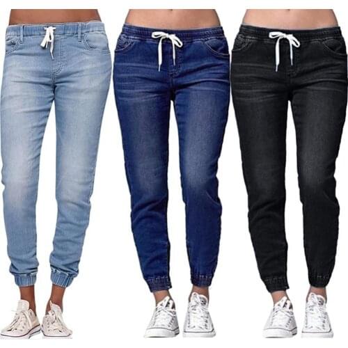 40%HOT Casual Women Plus Size Drawstring Elastic Waist Jeans Loose Denim Long Pants