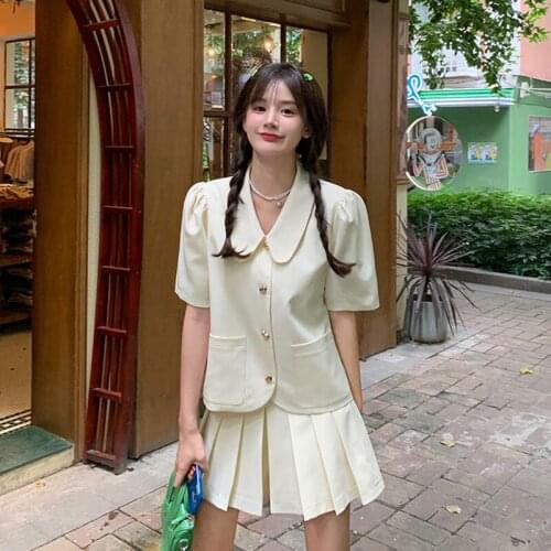 Korean Sweet Girl Temperament Two Piece Set Women Summer 2021 New Love Button Design Lapel Shirt Top+Pleated Shorts Suit Fashion