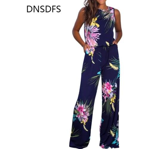 Fashion Beach Floral Print Jumpsuits Summer Autumn Fashion Jumpsuit Womens Rompers Casual Sleeveless O Neck Wide Leg Jumpsuits