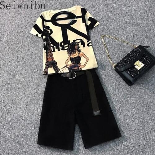 Women Summer Casual 2 piece set Vintage Print Ladies Short Sleeve Slim T-Shirt + Fashion Shorts Pants Suits Female