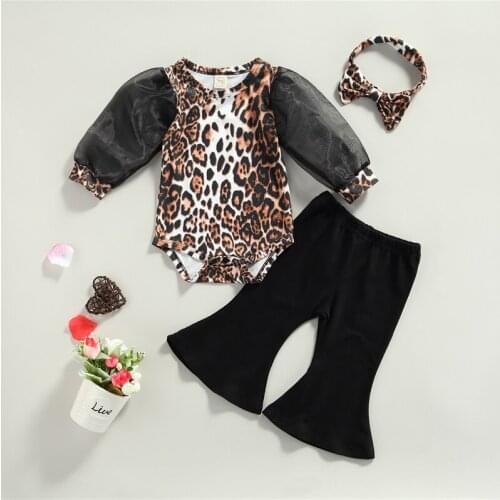 Fashion Kid Girl Outfits Leopard Printed Pattern Romper Black Flared Pants Headdress 3Pcs Child Girl Sets