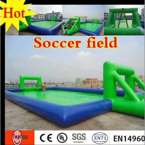 Free shipping! green blue PVC inflatable football field cheap for sale fit for soccer arena toys 0.7mm PVC tarpaulin