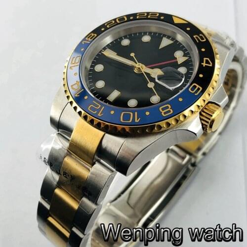 Bliger 40mm top luxury mens watches sapphire glass ceramics bezel black sterile dial date window GMT automatic mens watch
