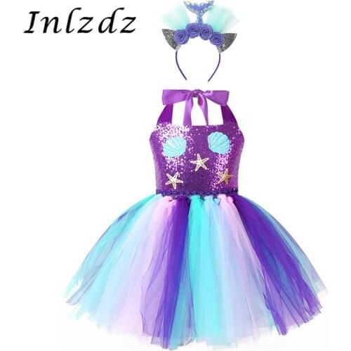 Kids Girls Mermaid Costume Outfit Halter Neck Shiny Sequins Mesh Tutu Dress with Hair Hoop for Halloween Carnival Cosplay Party
