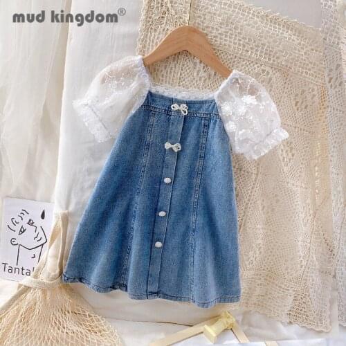 Mudkingdom Girls Denim Dress Fashion Lace Puff Sleeves A-LINE Summer Patchwork Princess Dresses for Kids Cute Toddler Clothes
