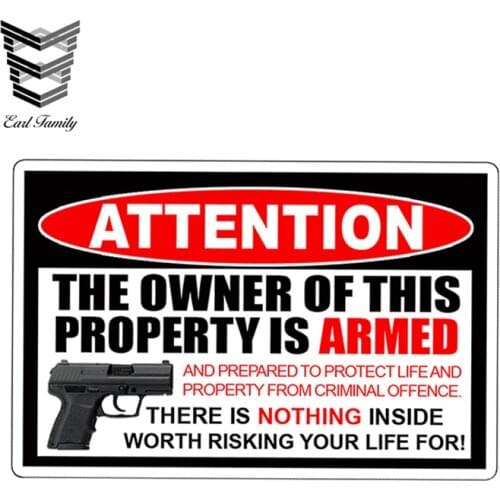 EARLFAMILY 13cm X 8.6cm for Owner Armed Warning Vinyl Decal Sticker 2nd Amendment Gun Firearm Pistol Permit Man Home Handgun