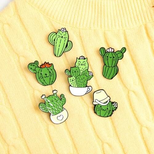 Custom Green plant eye protection Cactus Cat Enamel Pin Brooches Shirt Lapel Bag Funny Animal Plant Badge Jewelry Gifts for Kids