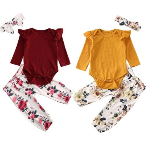 3PCS Newborn Baby Girls Knit Romper Tops Long Sleeve Jumpsuit Floral Knot Pants Headband Outfit Clothes Set