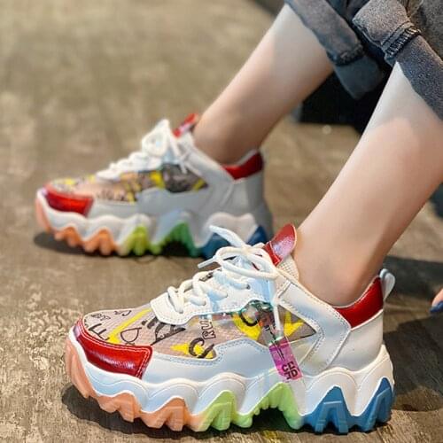 Women Platform Mesh Lace Up Sneakers Breathable Rainbow Color Fashion Sneakers Summer Women Patchwork Vulcanize Shoes Size 35-42