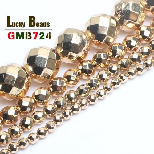 Natural Stone Beads A+ Golds Plated Faceted Gold Hematite Round Loose Beads for Jewelry Making 15'' 3/4/6/8/10/12mm