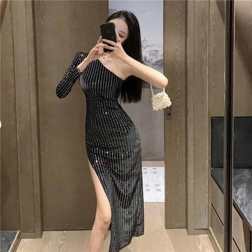 Summer New Fashion Sexy One-Shoulder Gold Velvet Hot Drilling Bodycon Dress Banquet Party Dresses for Women 2021 Y727