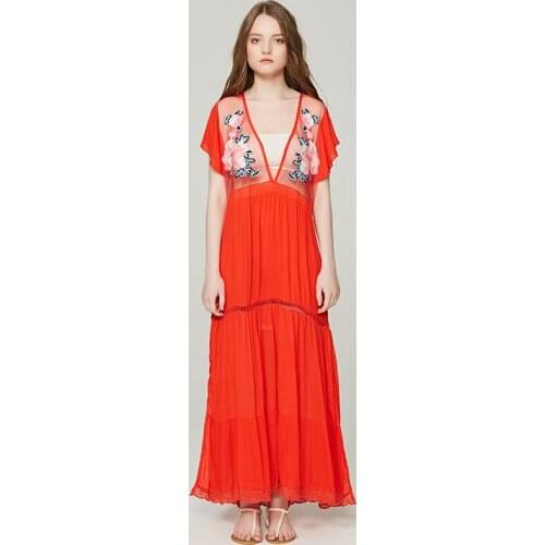 Summer holiday beach resort Bohemia beach dress sexy backless embroidered flowers see-through dress