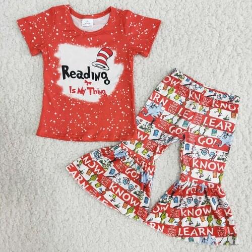 Fashion Cartoon Pattern Girl Red Color Shirt Bell Pants 2Pieces Set Kids Short Sleeve Outfits High Quality Boutique Suit