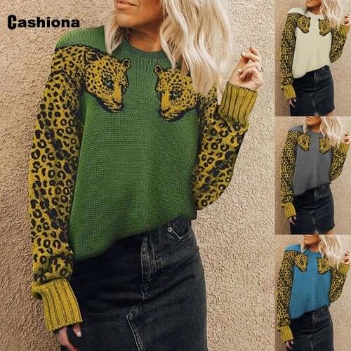 Fashion Top Pullovers Women Autumn Casual Loose Sweater Leopard Print Round Neck Leisure Knitting Sweaters Winter Warm Clothes