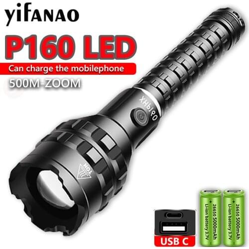 Powerful XHP160 LED Spotlight Rechargeable Flashlight 26650 Tactical Flash Light 7800LM Zoom IPX4 Outdoor Waterproof Powerbank