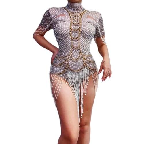 2020 Women New Fashion Rhinestones Pearls Bodysuit Stretch Dance Leotard Costume Performance Party Celebrate Stage Show Wear