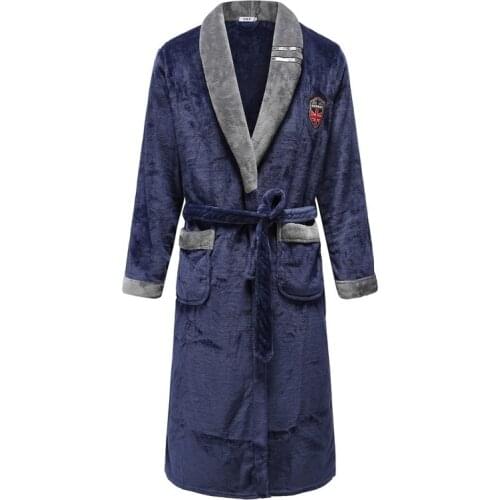 Autumn Winter Nightdress Blue Men Casual Coral Fleece Sleepwear Warm Couple Home Wear Flannel Belt Pyjamas Kimono Bathrobe Gown