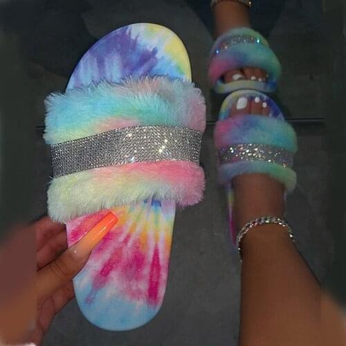 Casual Colorful Diamond Womens Slippers Summer Fashion Rhinestone Slides Shoes Indoor Comfort Furry Sandals