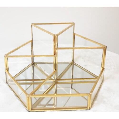 Transparent Makeup Brush Storage Box Organizer Glass Cosmetics Dressing Table Vanity Jewelry Storage Box with 4 Grids