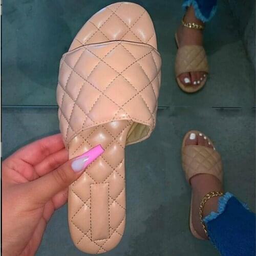 Summer Slippers Pu Leather Flat Heels Diamond Sewing Fashion Sexy Mature Slides Outdoor Female Ladies Shoes Zapatos De Mujer