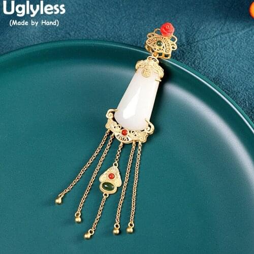 Uglyless Eastern Beauty Vintage 11CM Super Long Jade Pendants for Women Ethnic Tassels Necklaces NO Chain Agate 925 Silver Jewel