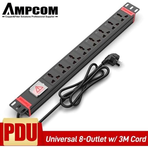 AMPCOM Universal PDU Power Strip Switcher 8 Outlets 1U 220-250V 10/16A Copper Material with Aluminum Alloy body 3m Power Cord