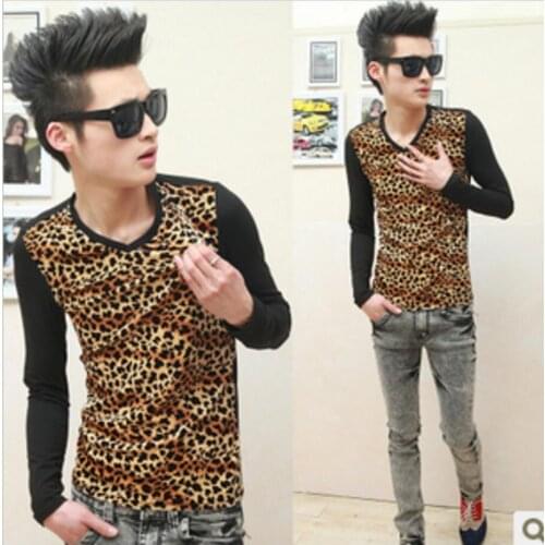 S-4XL 2017 New mens clothing fashion Retro Leopard splice long sleeved t-shirt costume plus size costumes