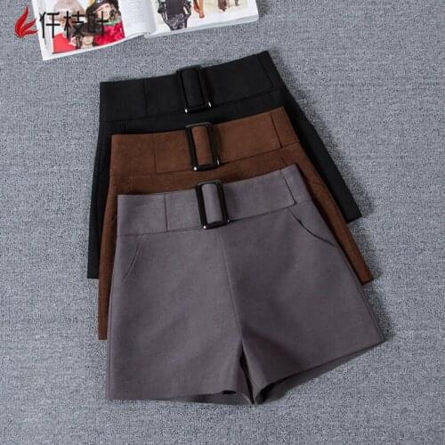 Autumn Winter 2020 Womens Short Pant with Belt High Waist Wide Leg Pants Casual Short Pant Female Pocket New