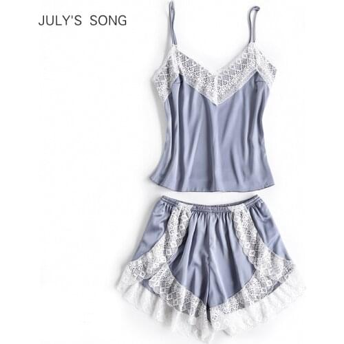 JULYS SONG Womens Sleepwear Sexy Satin Pajama Set Spring Summer Pajama Women Lace Sleeveless Sling and Shorts