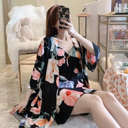 Summer Robe Sleep Suit Women Cotton Print Pajamas Gown Set V-Neck Nighties Pijama Home Nightwear 2021 Spring Nightdress Robe Set