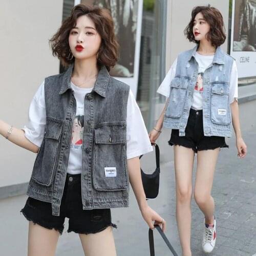 2021 Spring Summer Loose Women Short Denim Vest Jacket Autumn Female Coat Fashion Waistcoat Vest High Street Pocket Outwear