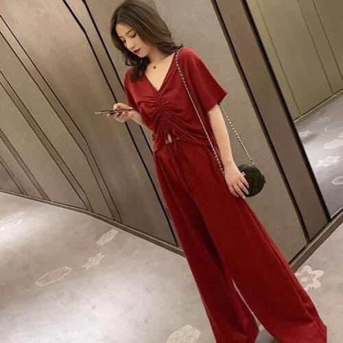 Fashion Casual Two Piece Set Womens 2021 Summer New Korean Crop Top Thin Short Sleeve T-shirt High Waist Wide Pants Suits Women