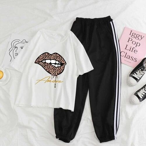 Women Two Piece Pants Set Leopard Lip Tracksuit Set Jogger Korean Summer Suit Fashion Summer T Shirt Black Trousers Women Casual