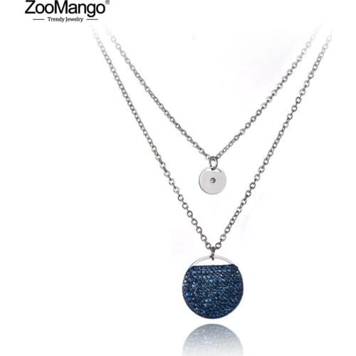 ZooMango New Bohemia Titanium Stainless Steel Double Layers Dark Blue Rhinestone Round Shape Choker Necklaces For Women ZN19168