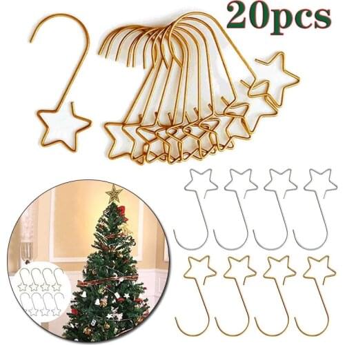 20Pcs Christmas Star Shape Hooks for Hanging Metal Hook Christmas Tree Holder Decor Key Hanger Gold/Sliver Xmas Tree Ornament
