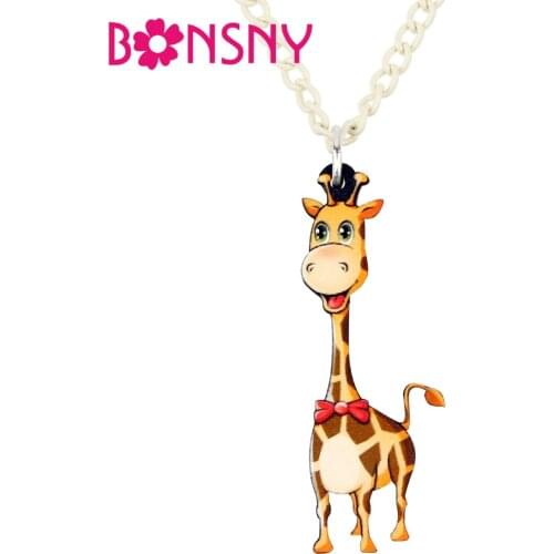 Bonsny Acrylic Cartoon Happy Giraffe Necklace Pendant Chain Choker African Animal Jewelry For Women Girls Kid Birthday Gift Bulk