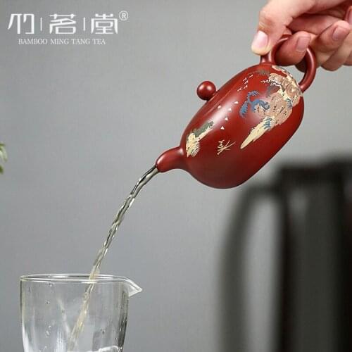 Bamboo tea hall yixing dahongpao recommended pure manual paste paint jiangnan flat jade teapot tea custom