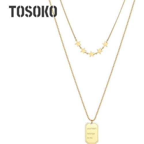 TOSOKO Stainless Steel Jewelry Geometric Square Five Pointed Star Double Layered Necklace Womens Fashion Clavicle Chain BSP954